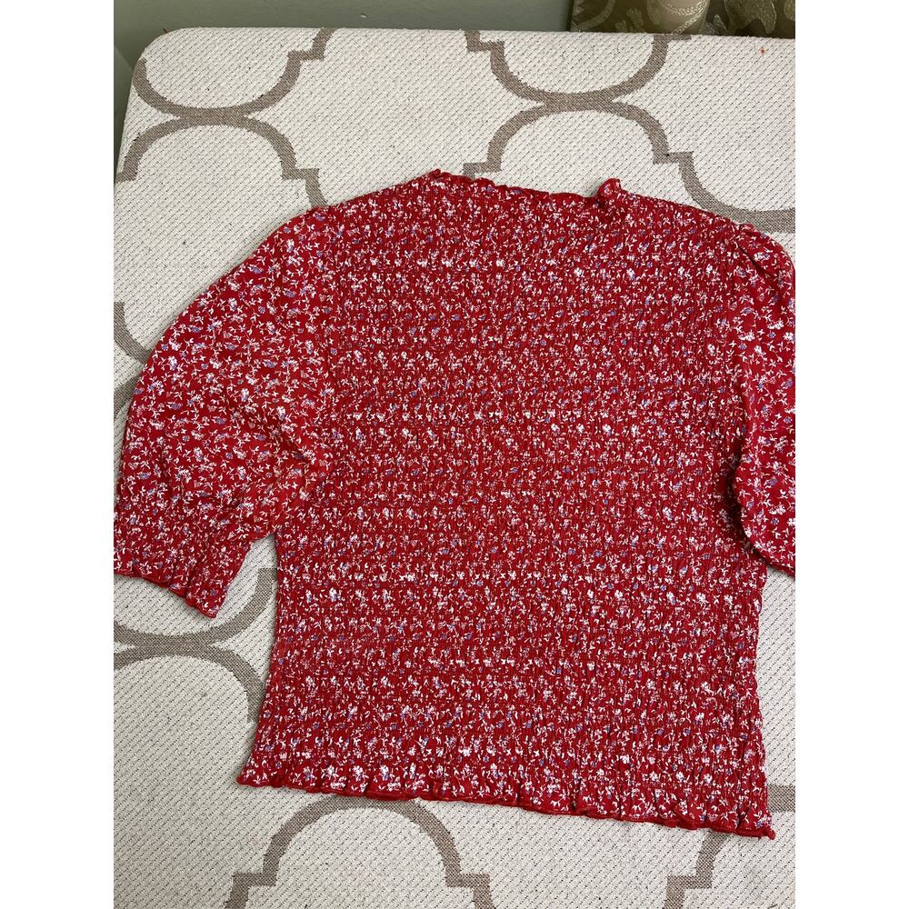 Veronica Beard Red Floral Smocked Puff-Sleeve Top - Picture 10 of 12